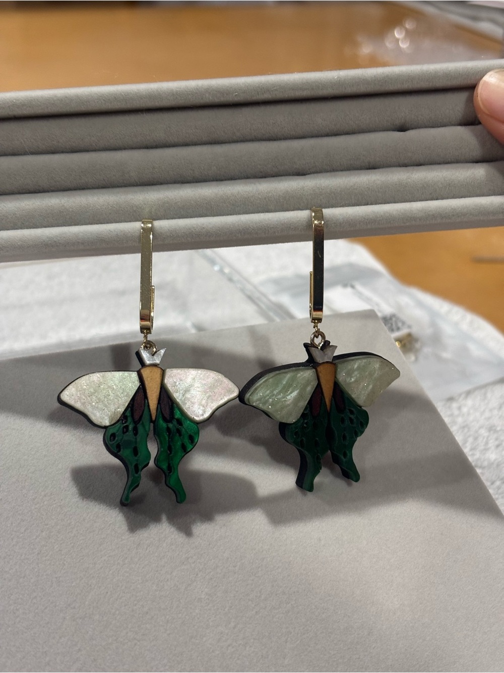 Green & White Butterfly Drop Earrings - Picture 6 of 14